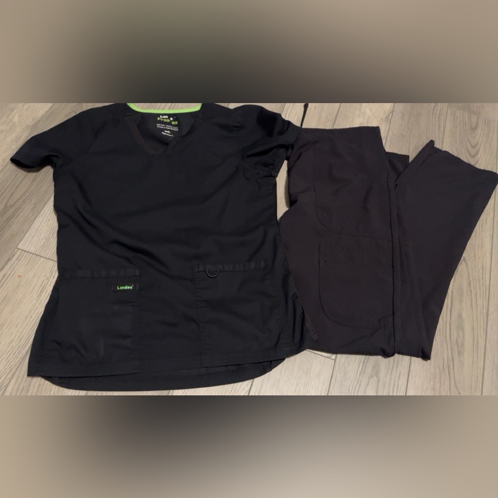 Landau Black Scrub Set with Green Accents